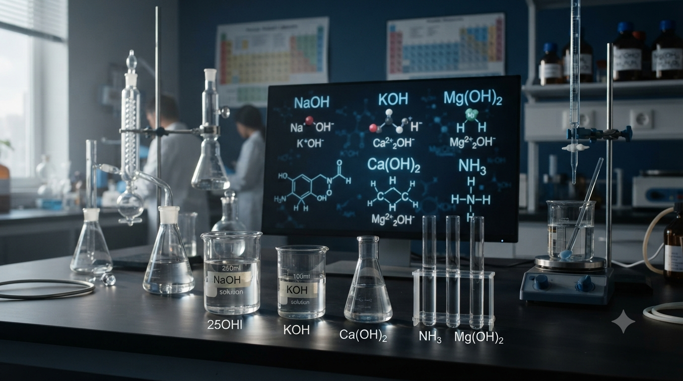 Common bases in chemistry including sodium hydroxide, potassium hydroxide, calcium hydroxide, magnesium hydroxide, and ammonia