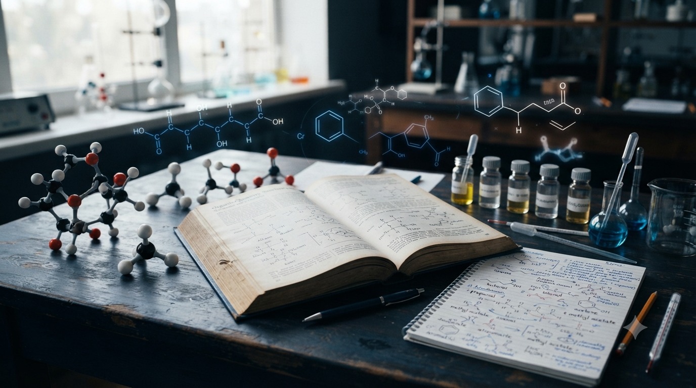 Organic chemistry formulas with molecular models, hydrocarbons, alcohols, acids, benzene, glucose, and other important organic compounds