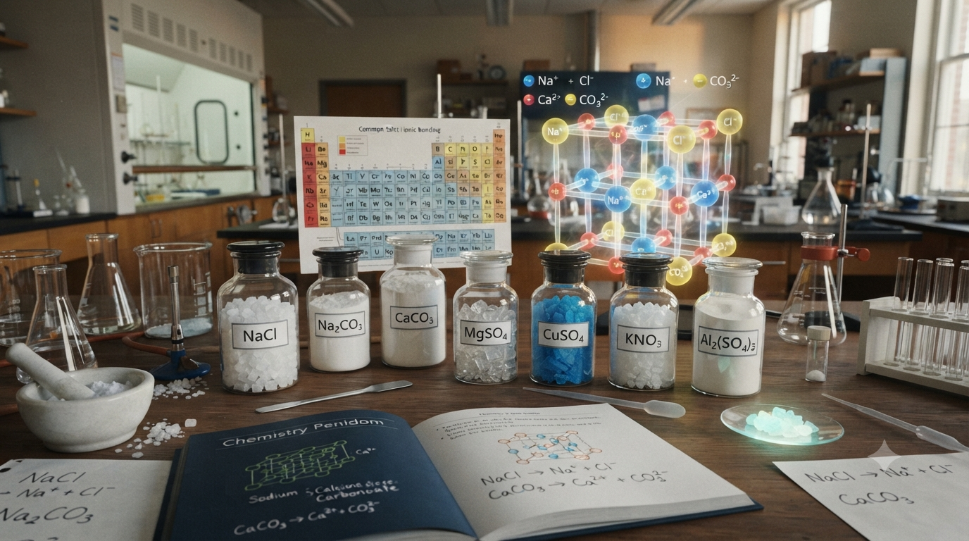 Common salt formulas in chemistry including NaCl, Na₂CO₃, CaCO₃, MgSO₄, CuSO₄, KNO₃, and Al₂(SO₄)₃