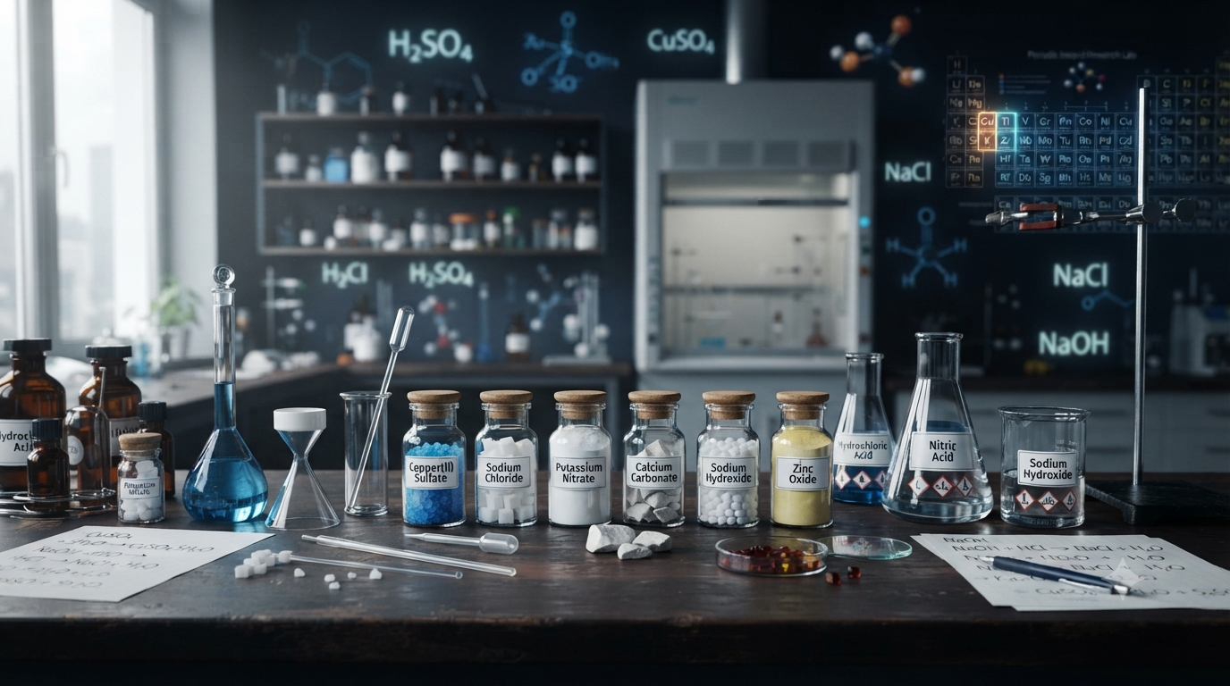 Chemistry laboratory scene showing common inorganic compounds, molecular structures, salts, acids, bases, oxides, sulfates, nitrates, and hydroxides.