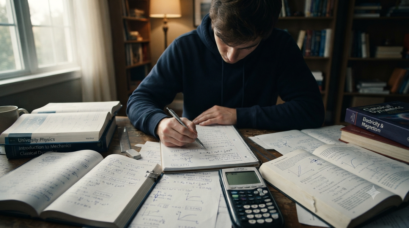 Physics learner checking common mistakes in formulas, units, calculations, equations, and physics problem solving on a study desk.