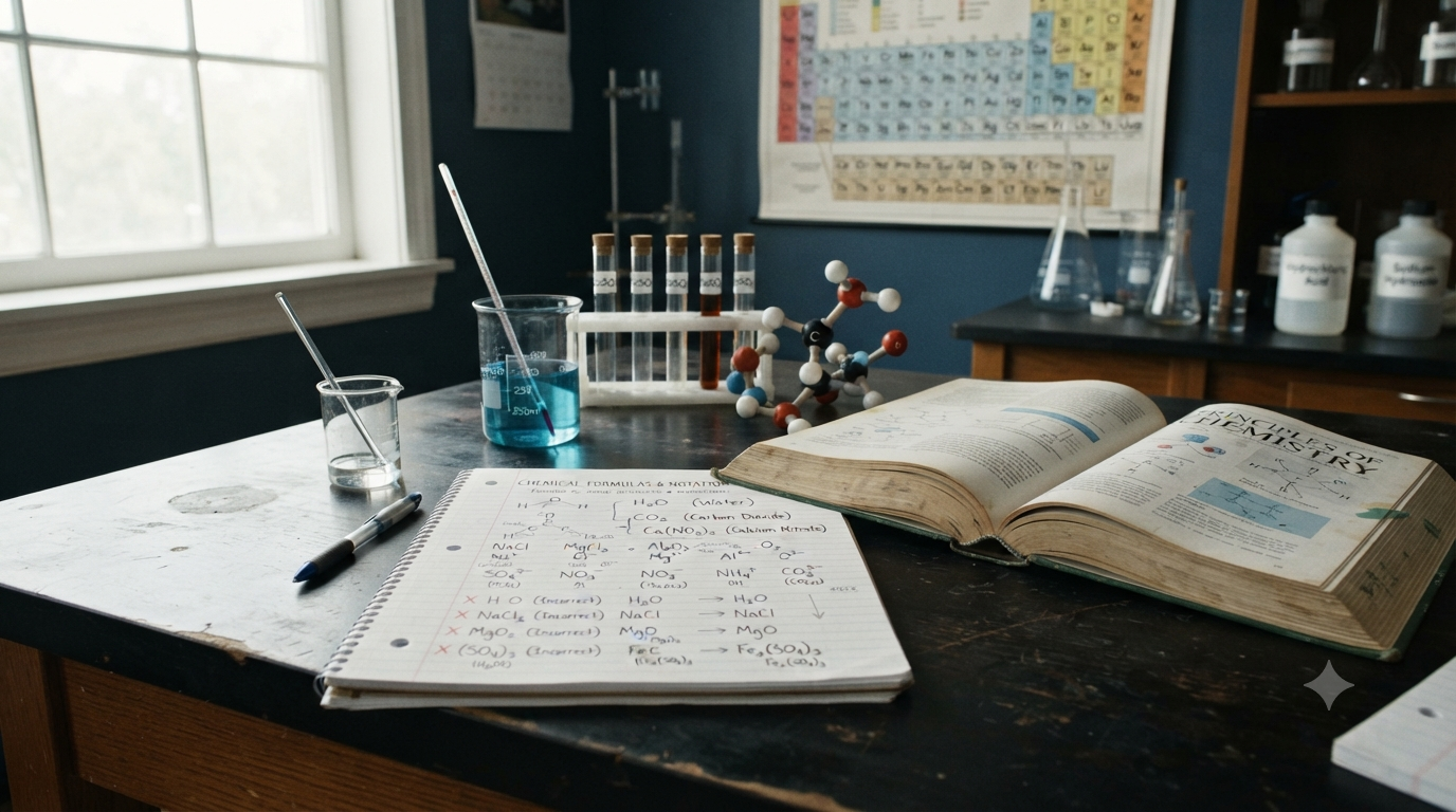 Chemistry study desk showing chemical formulas, element symbols, valencies, ionic charges, subscripts, and common formula-writing mistakes.