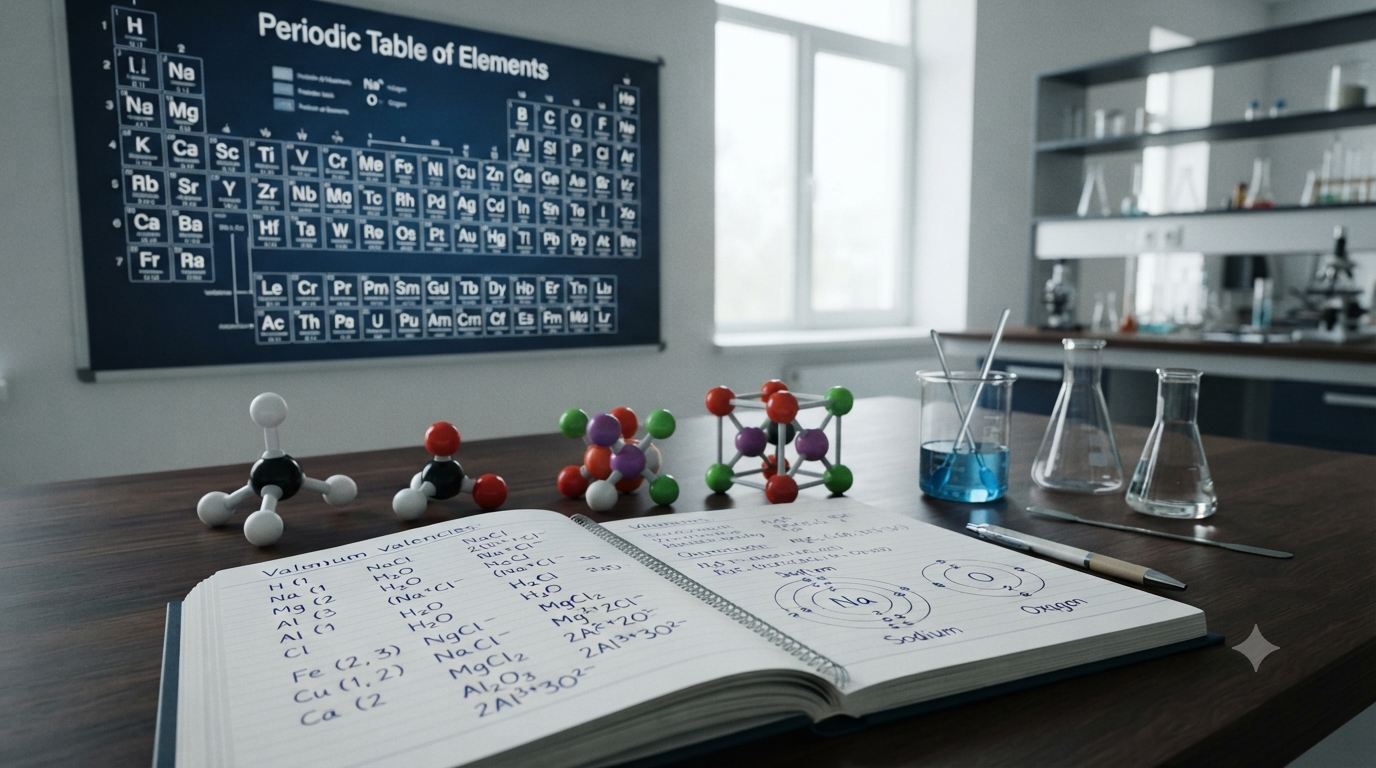 Periodic table and molecular models showing common valencies of important chemical elements