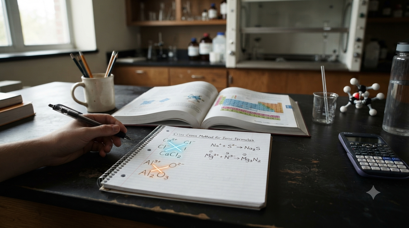 Chemistry study desk showing the criss cross method for writing ionic chemical formulas using charges and valencies