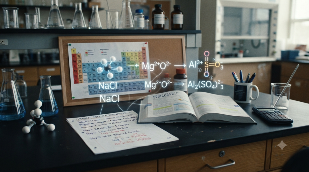 Chemistry study desk showing compound names, chemical formulas, ionic charges, valency, and molecular structures used to determine formulas.