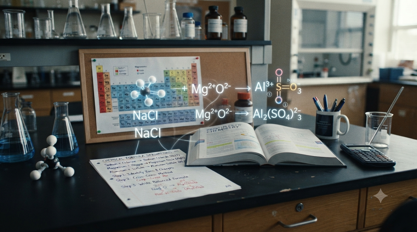 Chemistry study desk showing compound names, chemical formulas, ionic charges, valency, and molecular structures used to determine formulas.