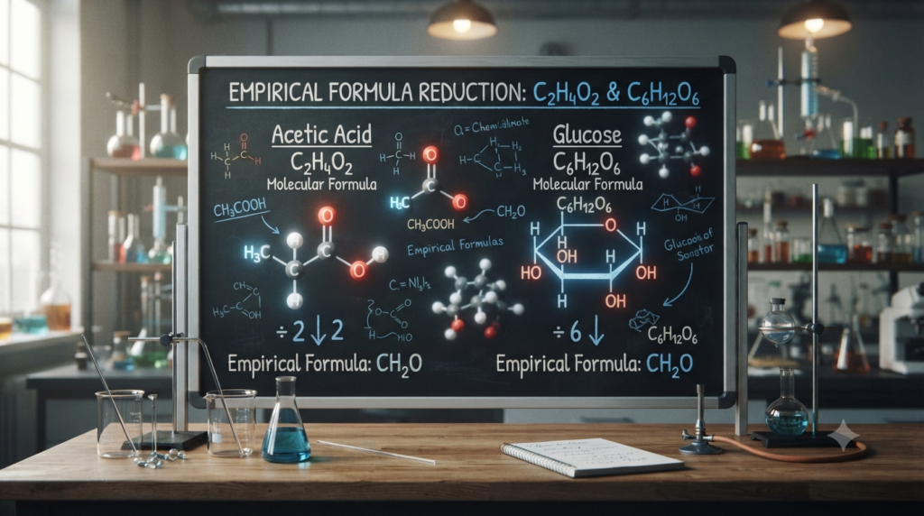 Diagram showing different compounds with molecular formulas that reduce to the same empirical formula CH₂O
