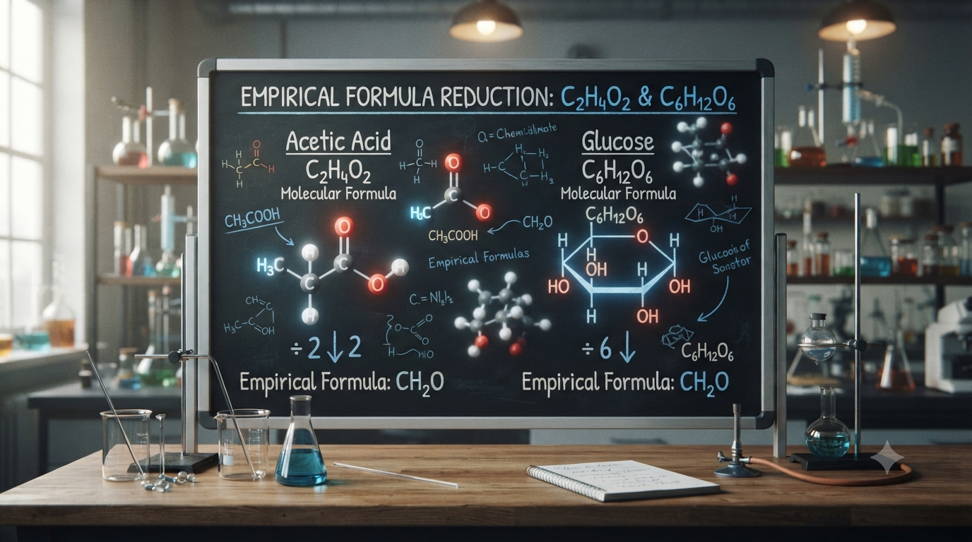 Diagram showing different compounds with molecular formulas that reduce to the same empirical formula CH₂O