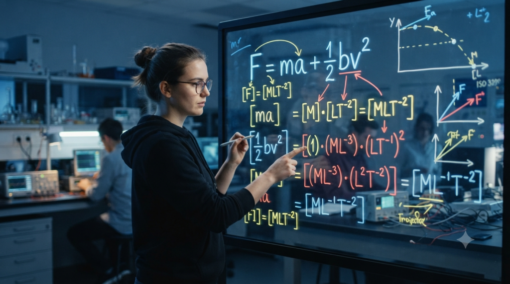 Physics equation showing dimensional consistency with length mass and time dimensions