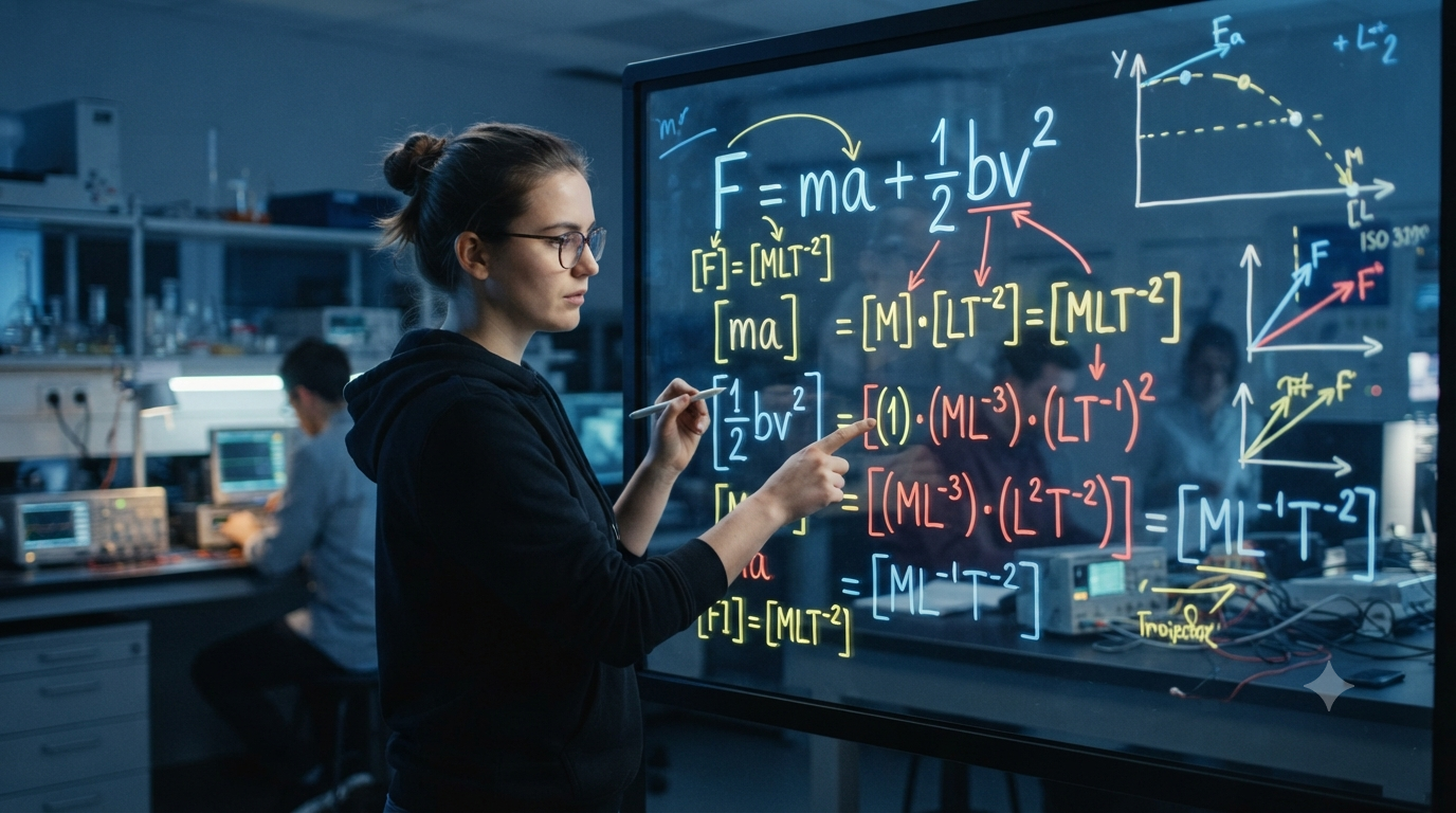 Physics equation showing dimensional consistency with length mass and time dimensions
