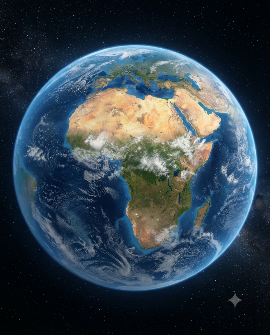 Earth from space showing oceans, continents and atmosphere