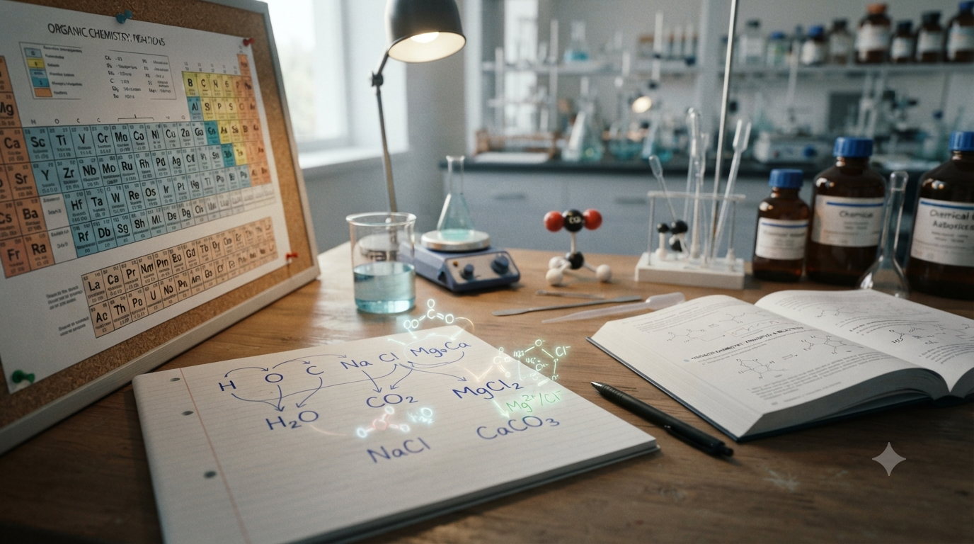 Element symbols such as H, O, C, Na, and Cl used to represent chemical formulas and compounds in chemistry.