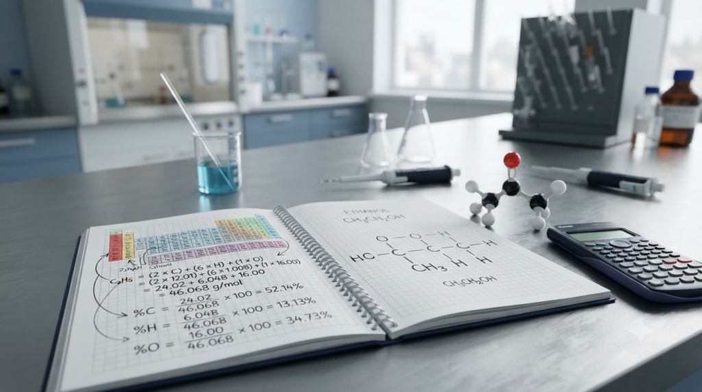 Chemistry analysis showing chemical formulas, atomic masses, molecular models, and percentage calculations used to find the elemental composition of a compound.