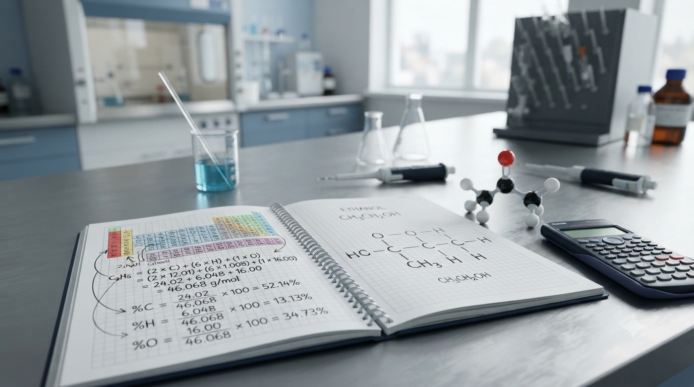Chemistry analysis showing chemical formulas, atomic masses, molecular models, and percentage calculations used to find the elemental composition of a compound.