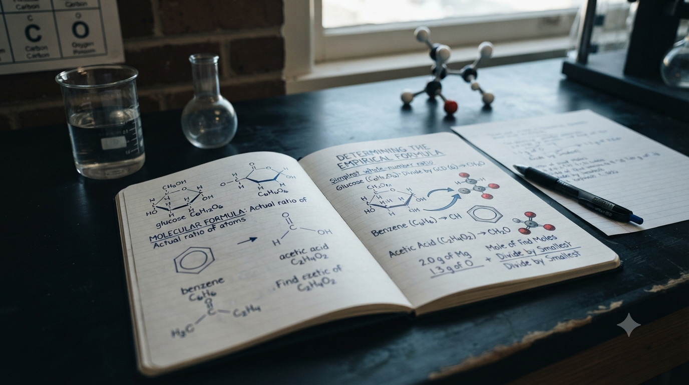 Empirical formula showing the simplest whole number ratio of elements in a chemical compound