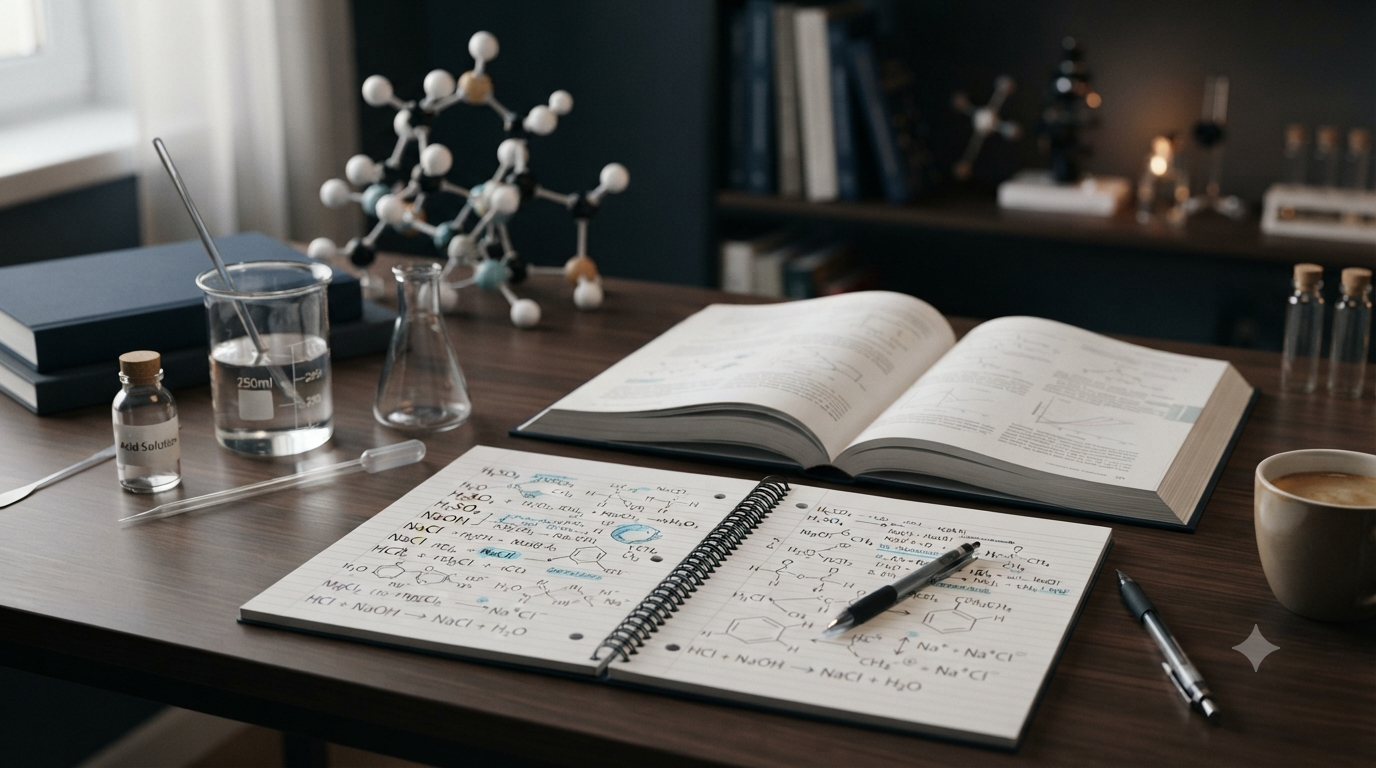 Chemistry formulas for beginners showing common compounds, acids, bases, salts, ions, chemical symbols, and basic equations on a study desk