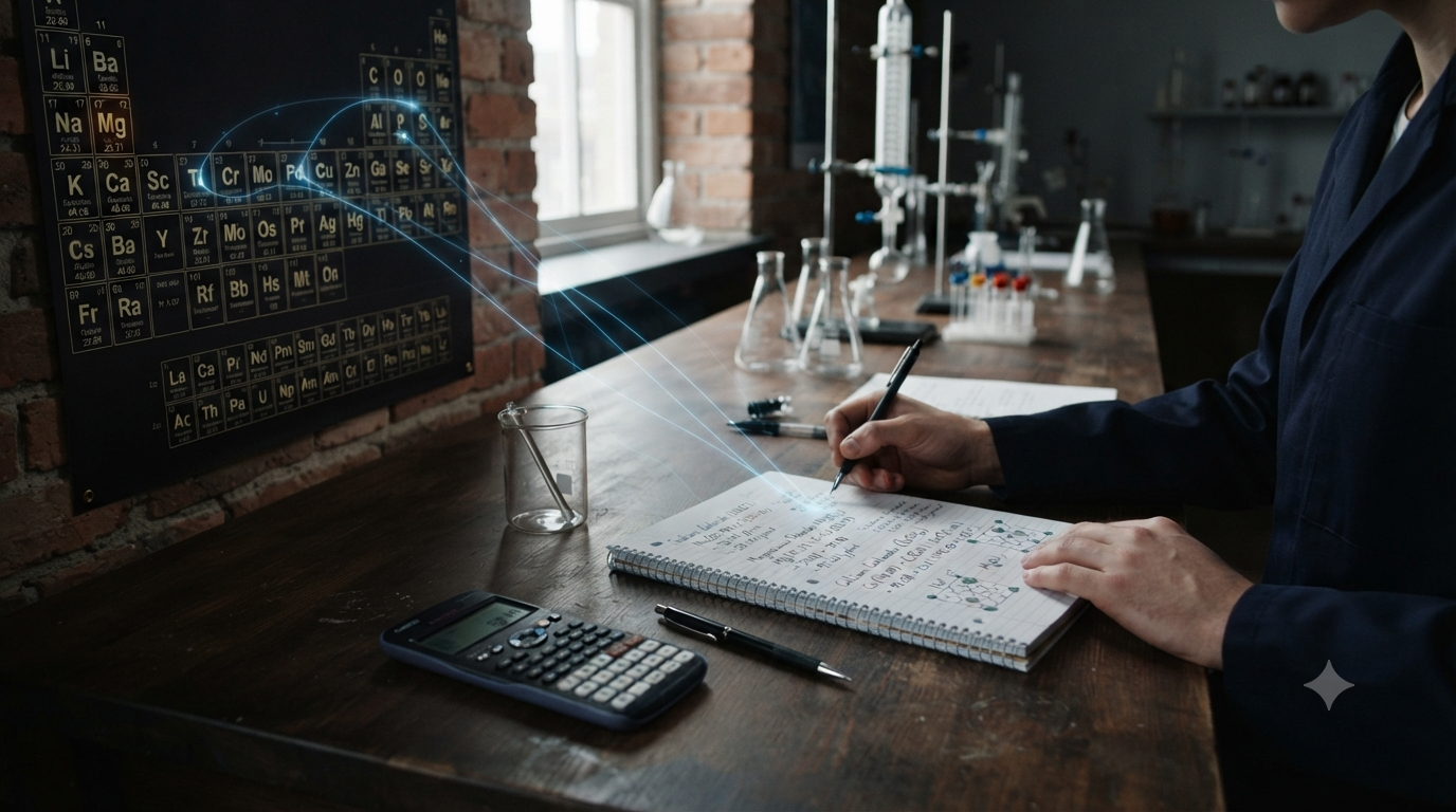 Chemistry study scene showing chemical formulas, periodic table elements, and atomic mass calculations used to find formula mass.