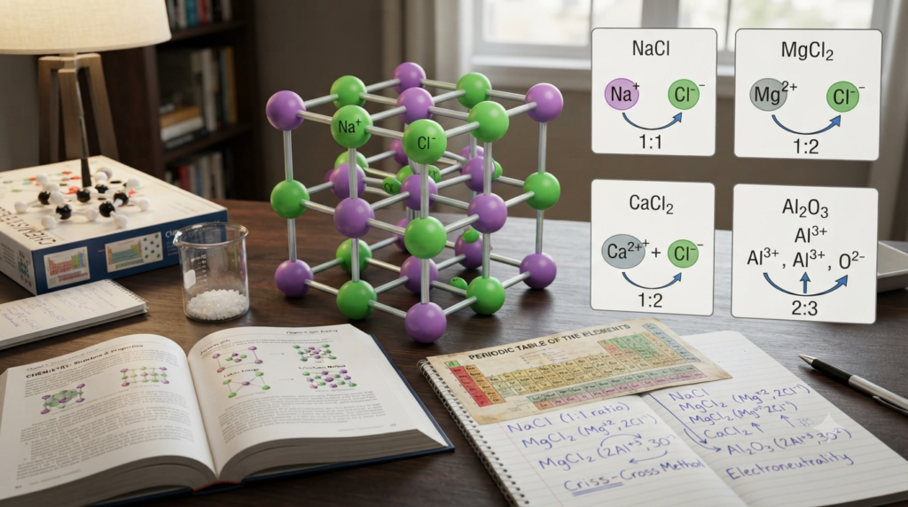 Formula units in chemistry showing ionic compounds, ion ratios, charge balance, and crystal lattice structures