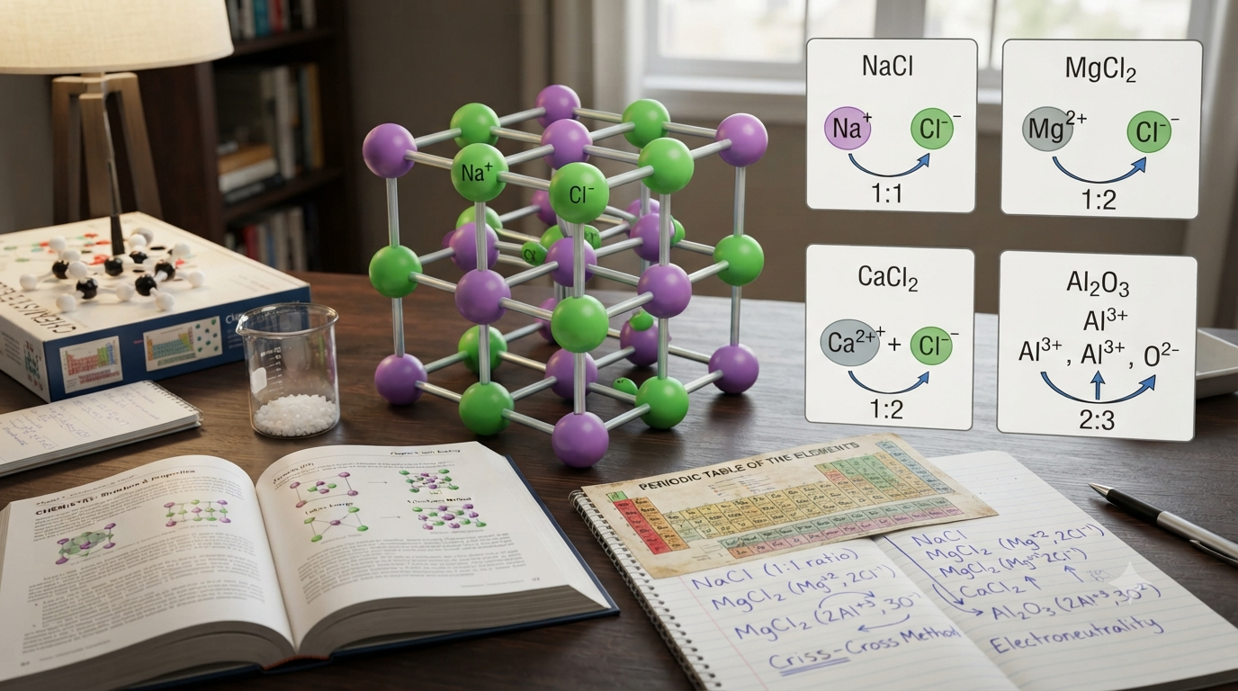 Formula units in chemistry showing ionic compounds, ion ratios, charge balance, and crystal lattice structures