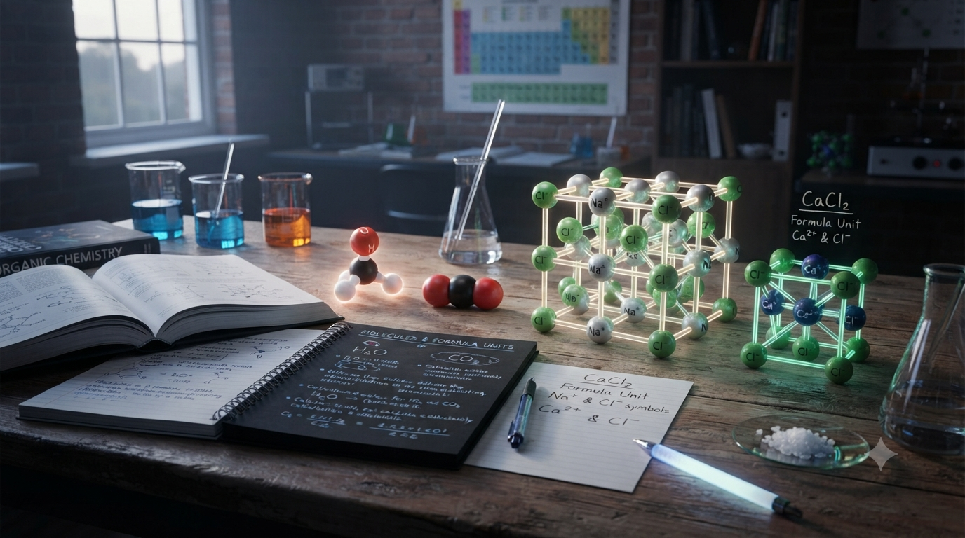 Visual comparison of formula units and molecules in chemistry showing H₂O, CO₂, NaCl, and ionic crystal structures.