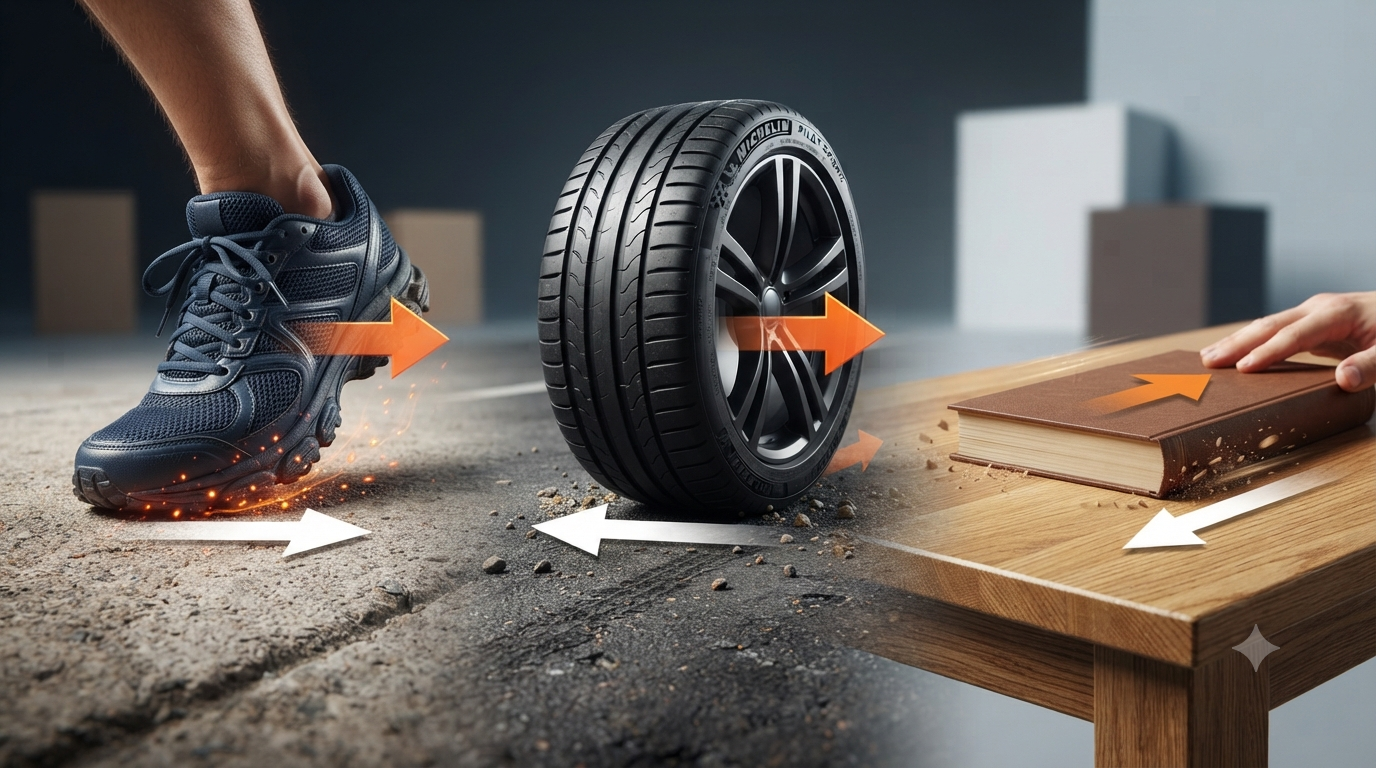 Friction between surfaces showing a shoe, car tyre, and sliding book in everyday motion