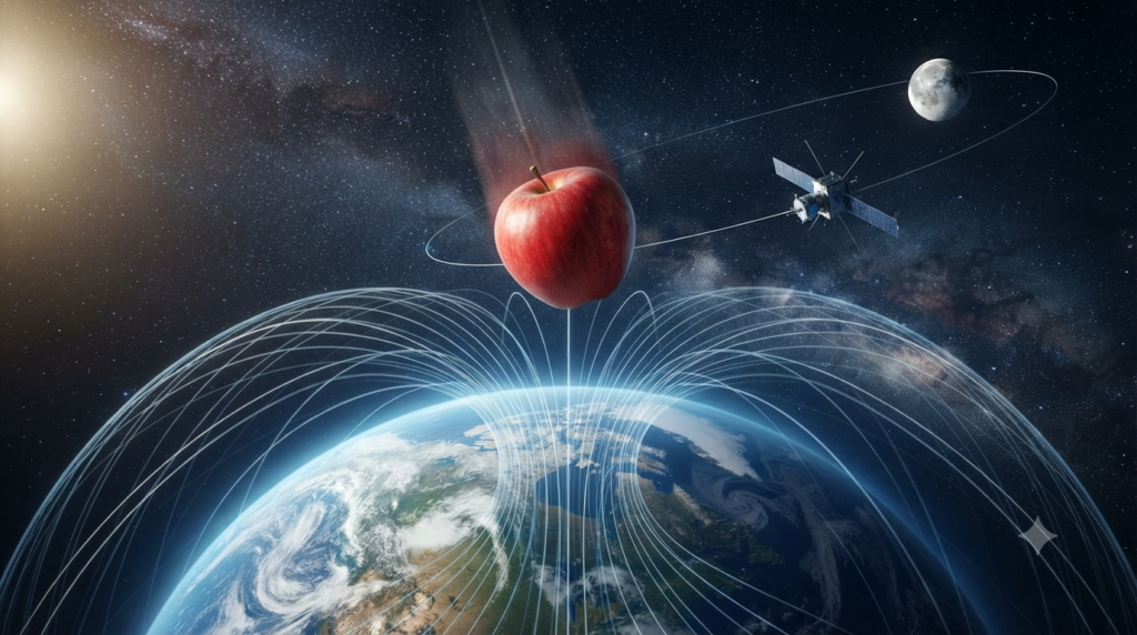 Gravity pulling a falling apple toward Earth and showing how gravitational force causes objects to fall