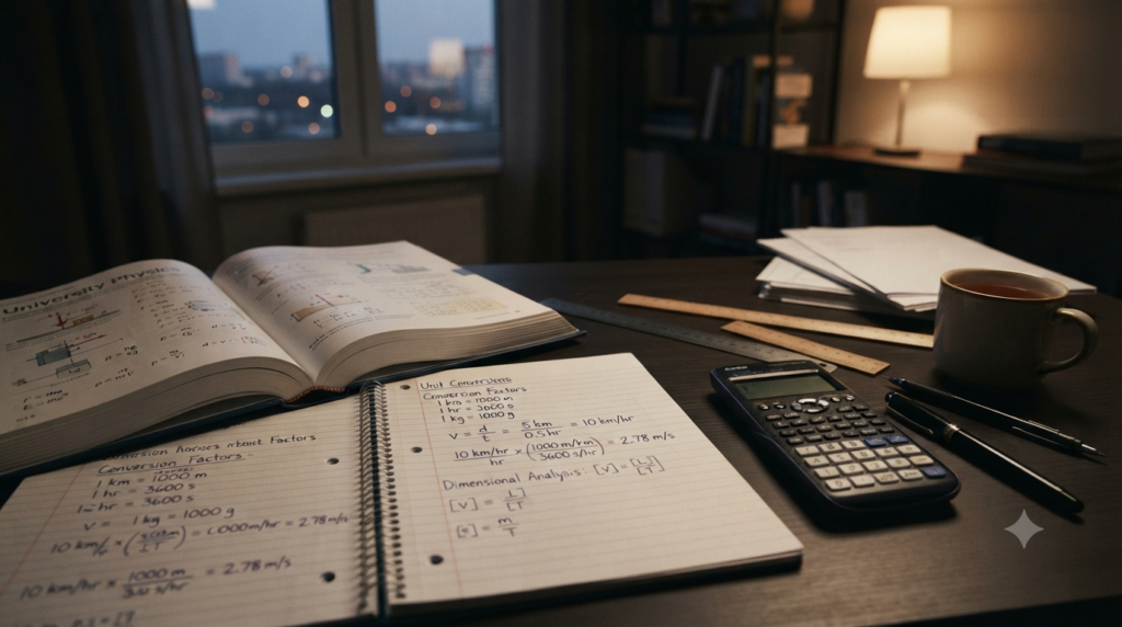 Physics study desk showing unit conversions, equations, measurements, and different units used in physics problems