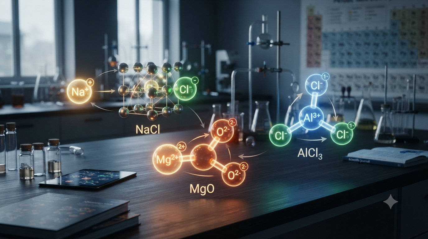 Ionic charges determining chemical formulas with cations and anions forming balanced compounds