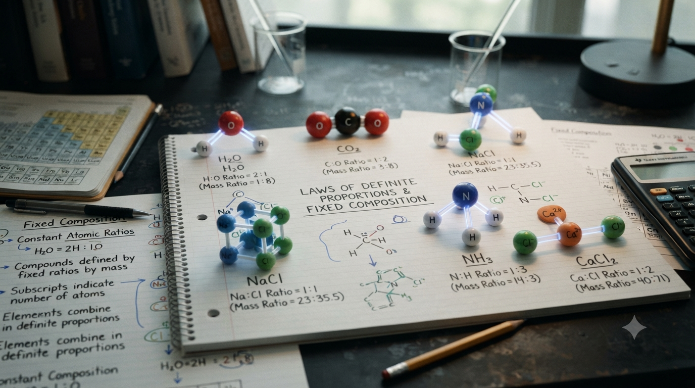 Chemical formulas showing fixed composition, atomic ratios, subscripts, and molecular structures of common compounds such as H₂O and CO₂.