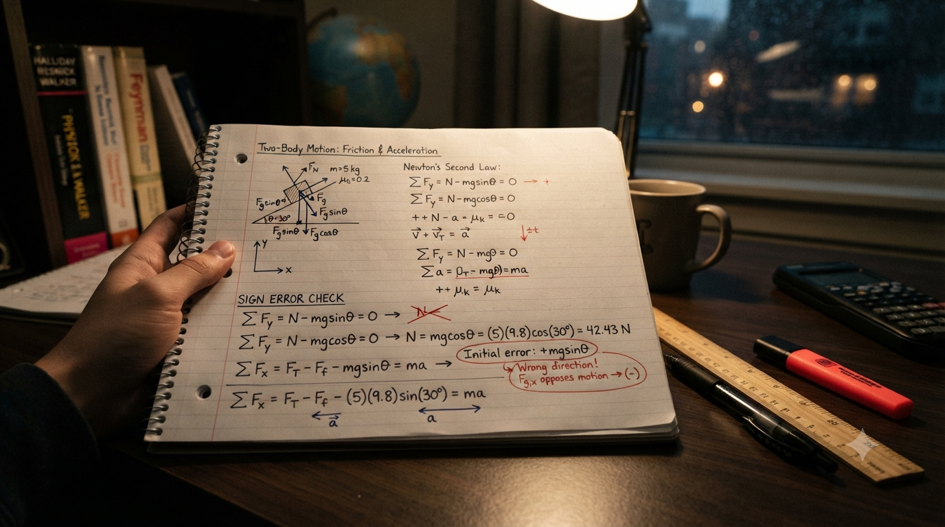 Physics notebook showing positive and negative signs, vectors, force arrows, velocity, acceleration, and coordinate axes for avoiding sign errors.