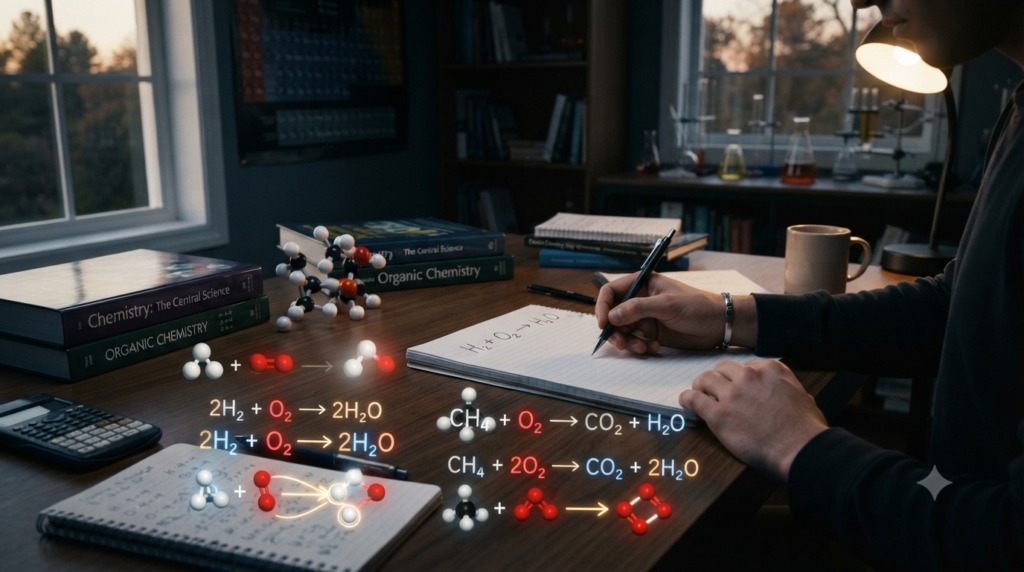Learner balancing chemical equations using chemical formulas, atom counts, coefficients, and molecular models in a chemistry study scene.