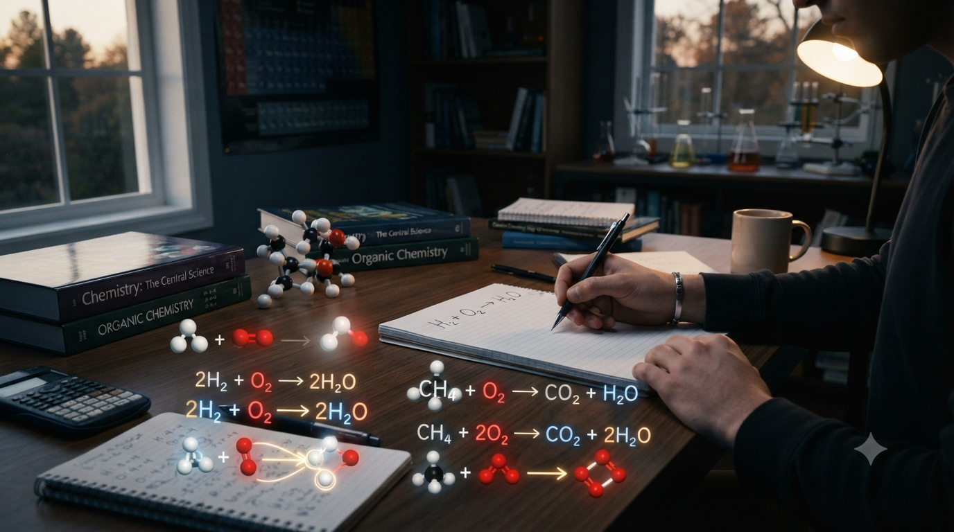 Learner balancing chemical equations using chemical formulas, atom counts, coefficients, and molecular models in a chemistry study scene.