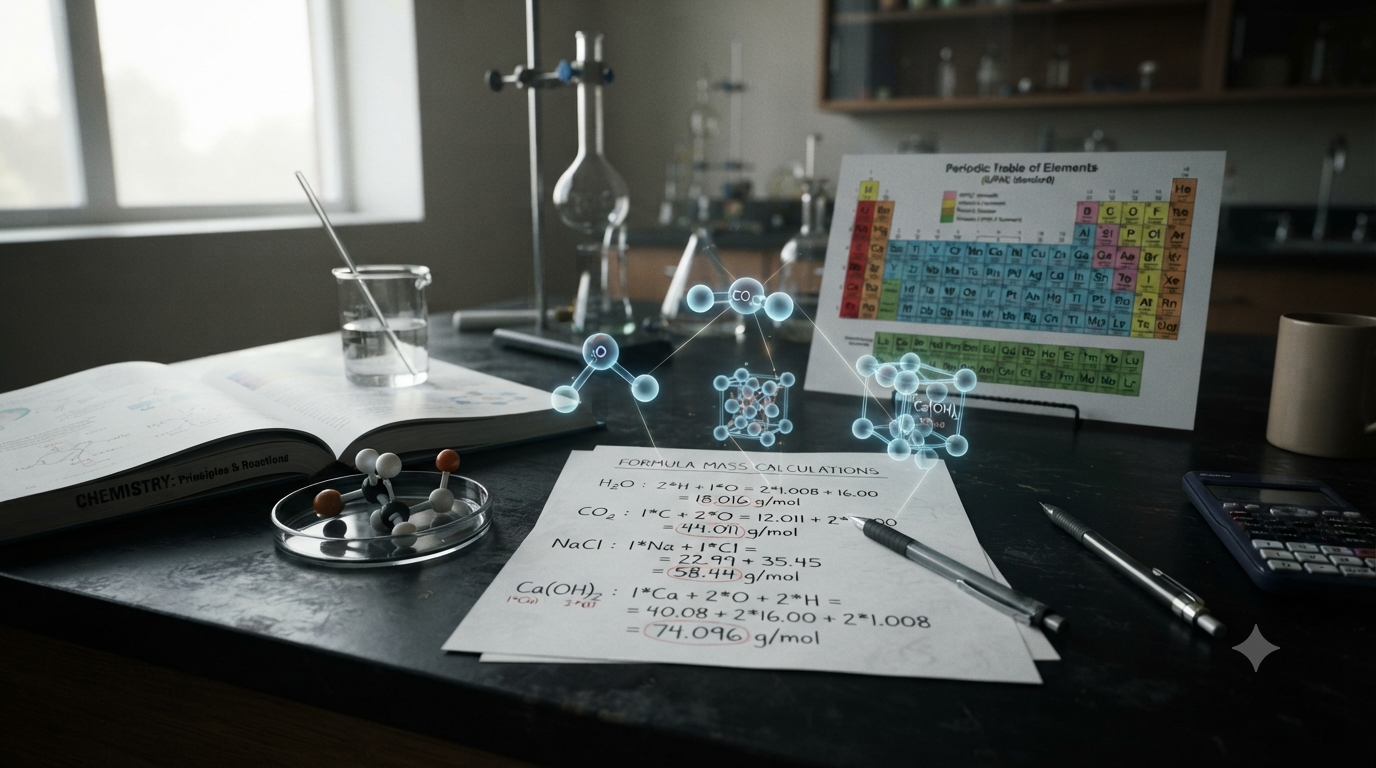 Chemistry study scene showing chemical formulas, atomic masses, molecular models, and formula mass calculations