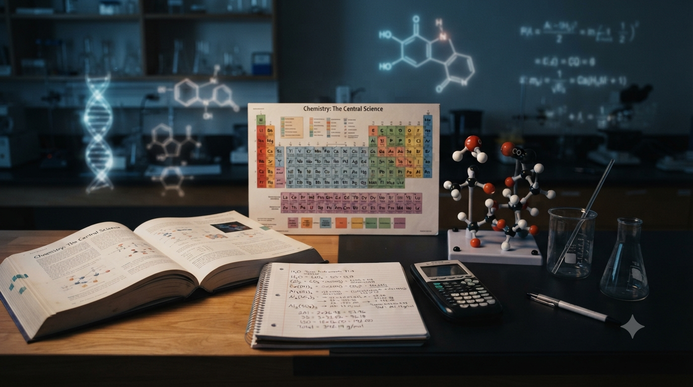Chemistry study desk showing a periodic table, chemical formulas, atomic masses, and molar mass calculations