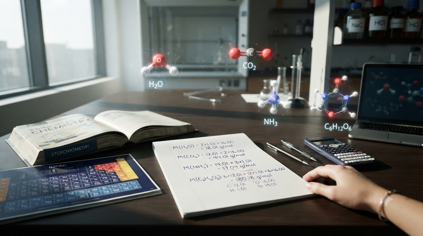 Chemistry desk showing molecular mass calculations with chemical formulas, atomic masses, subscripts, and molecular models.