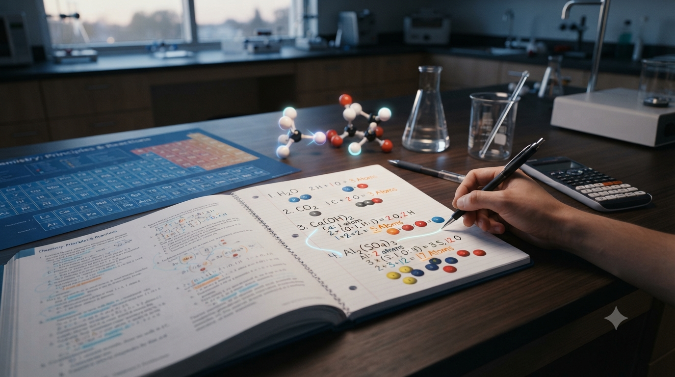 Chemistry formulas showing subscripts, coefficients, and atoms used to calculate the total number of atoms