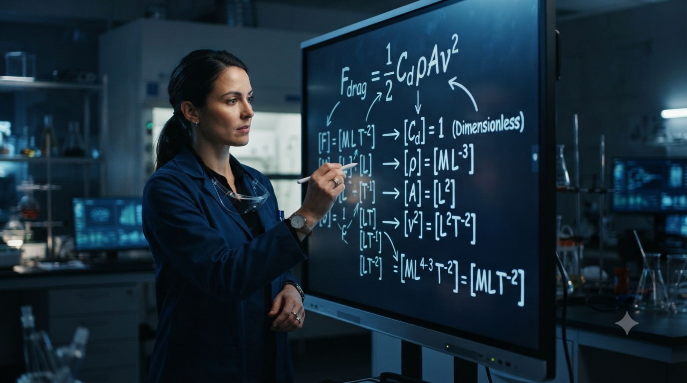 Learner checking dimensions in a physics formula using mass, length, and time dimensional analysis