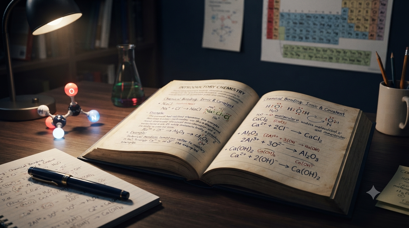 Chemistry study scene showing chemical formulas, element symbols, ionic charges, valency, subscripts, and molecular structures.