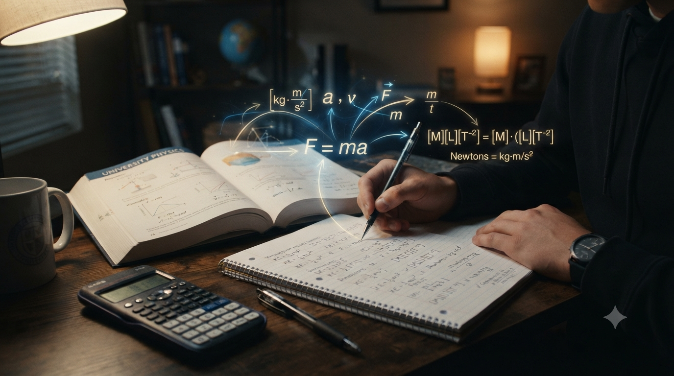 Physics learner checking a formula using equations, units, dimensions, graphs, and mathematical calculations