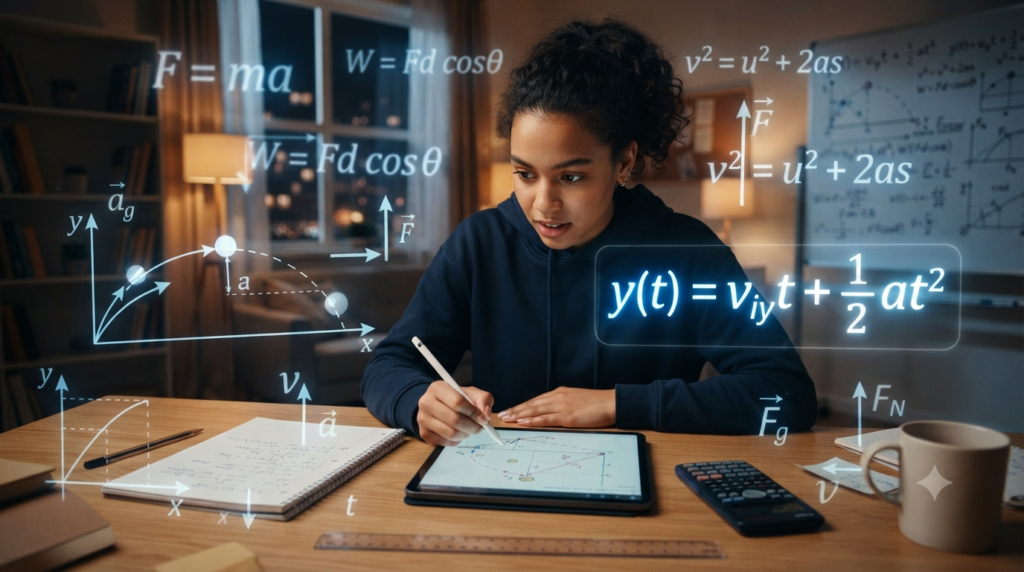 Learner choosing the correct physics formula while solving a problem with equations, graphs, vectors, and physics diagrams.