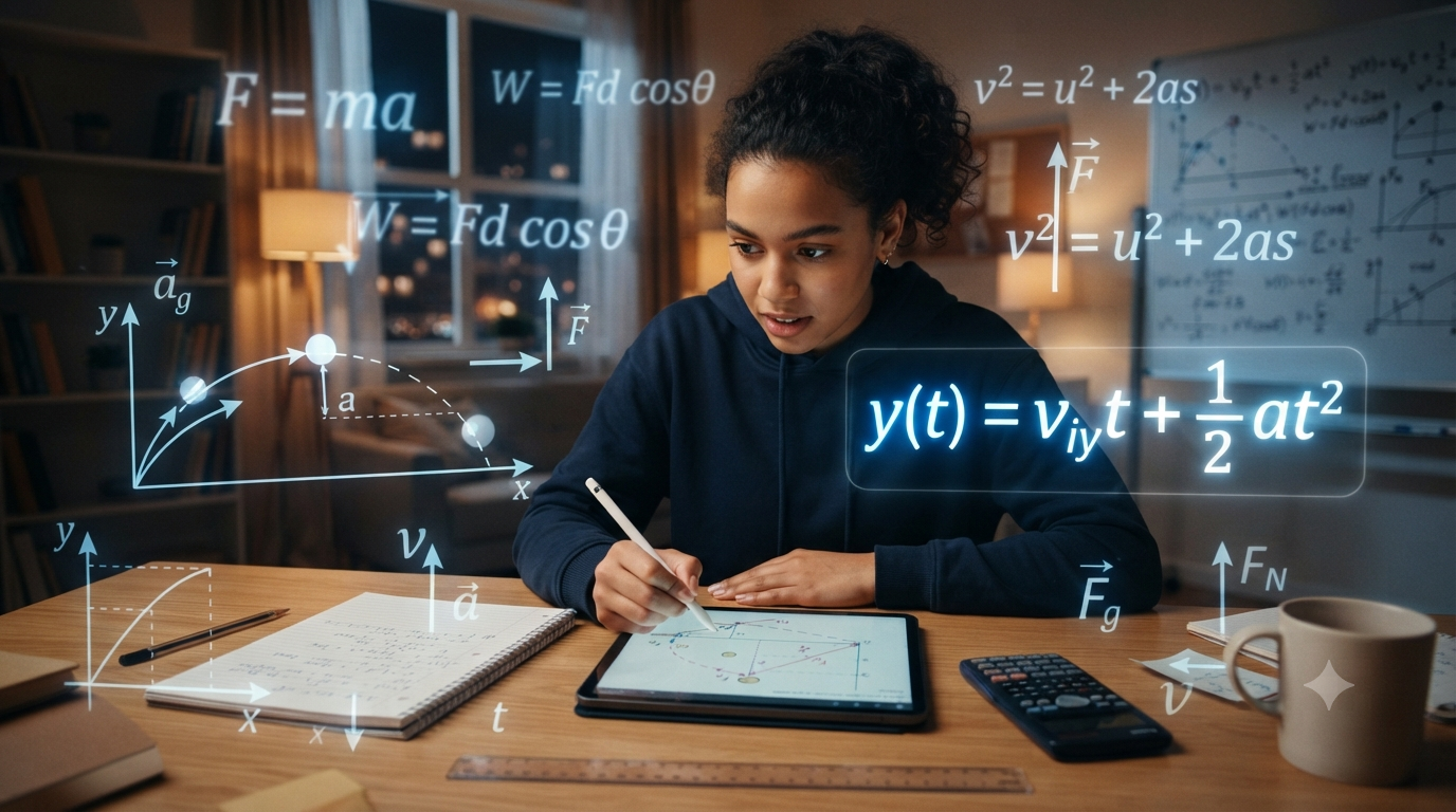 Learner choosing the correct physics formula while solving a problem with equations, graphs, vectors, and physics diagrams.
