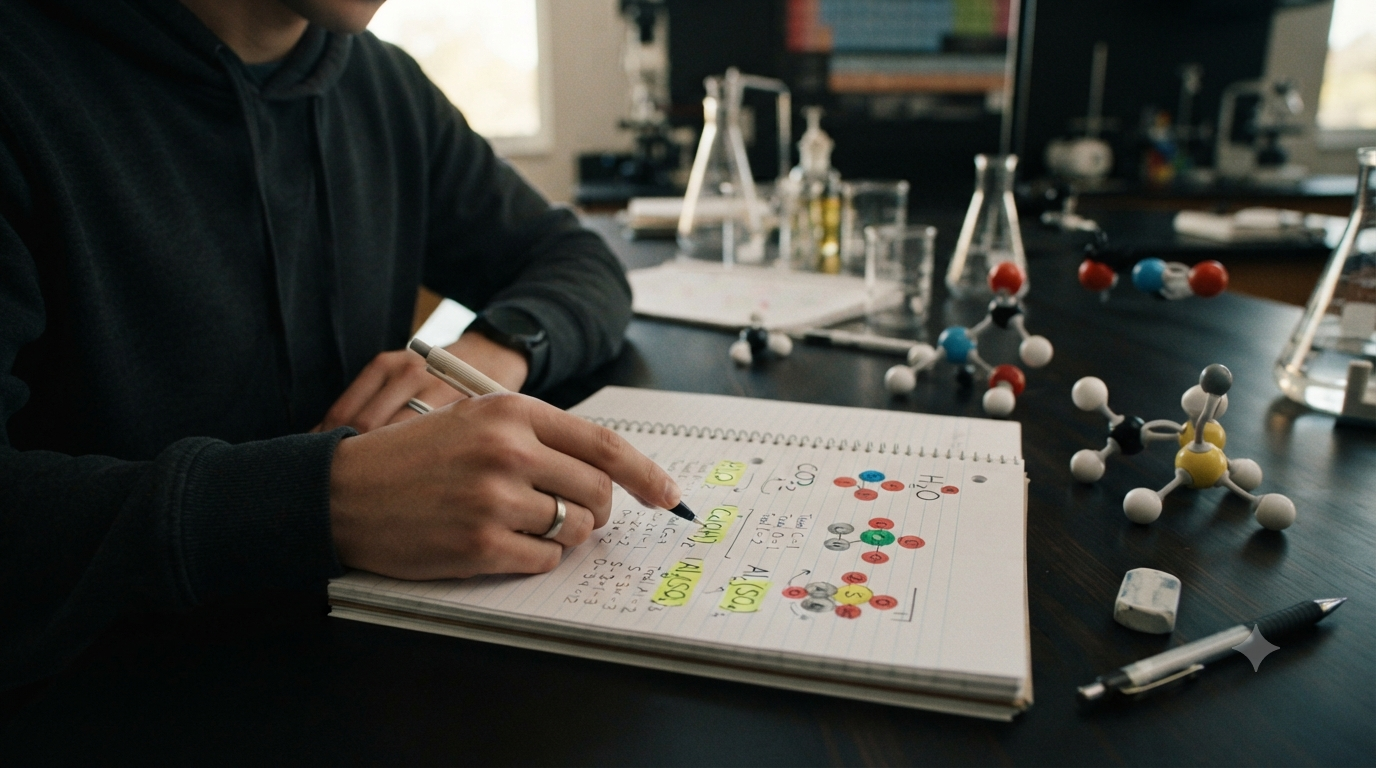 Chemical formulas showing how to count atoms using subscripts, coefficients, and parentheses