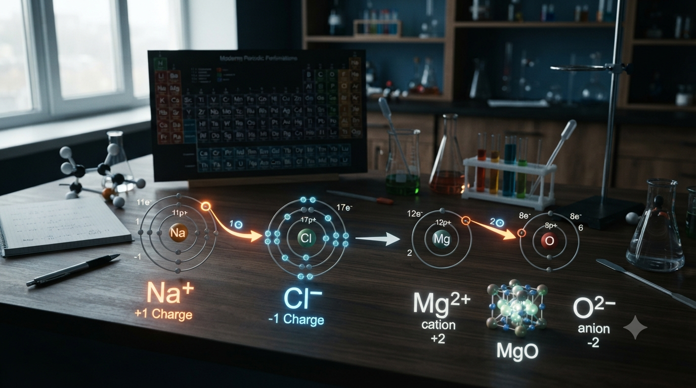 Chemistry illustration showing protons, electrons, cations, anions, and ion charges with atomic models and chemical symbols.