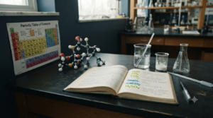 Chemistry study scene showing chemical formulas, element symbols, subscripts, molecular models, and laboratory equipment.