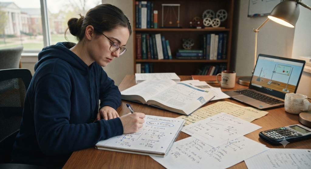Learner choosing the correct physics formula while solving a physics problem with equations, force diagrams, vectors, and motion graphs.