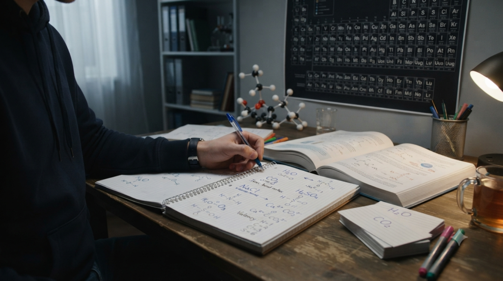 Beginner learning how to memorize chemical formulas using a chemistry textbook, handwritten formulas, element symbols, valency notes, flashcards, and a periodic table.