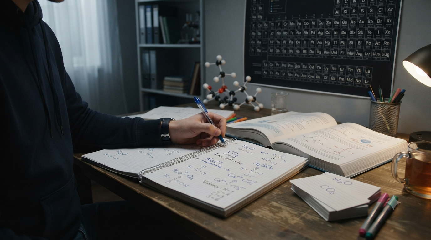 Beginner learning how to memorize chemical formulas using a chemistry textbook, handwritten formulas, element symbols, valency notes, flashcards, and a periodic table.