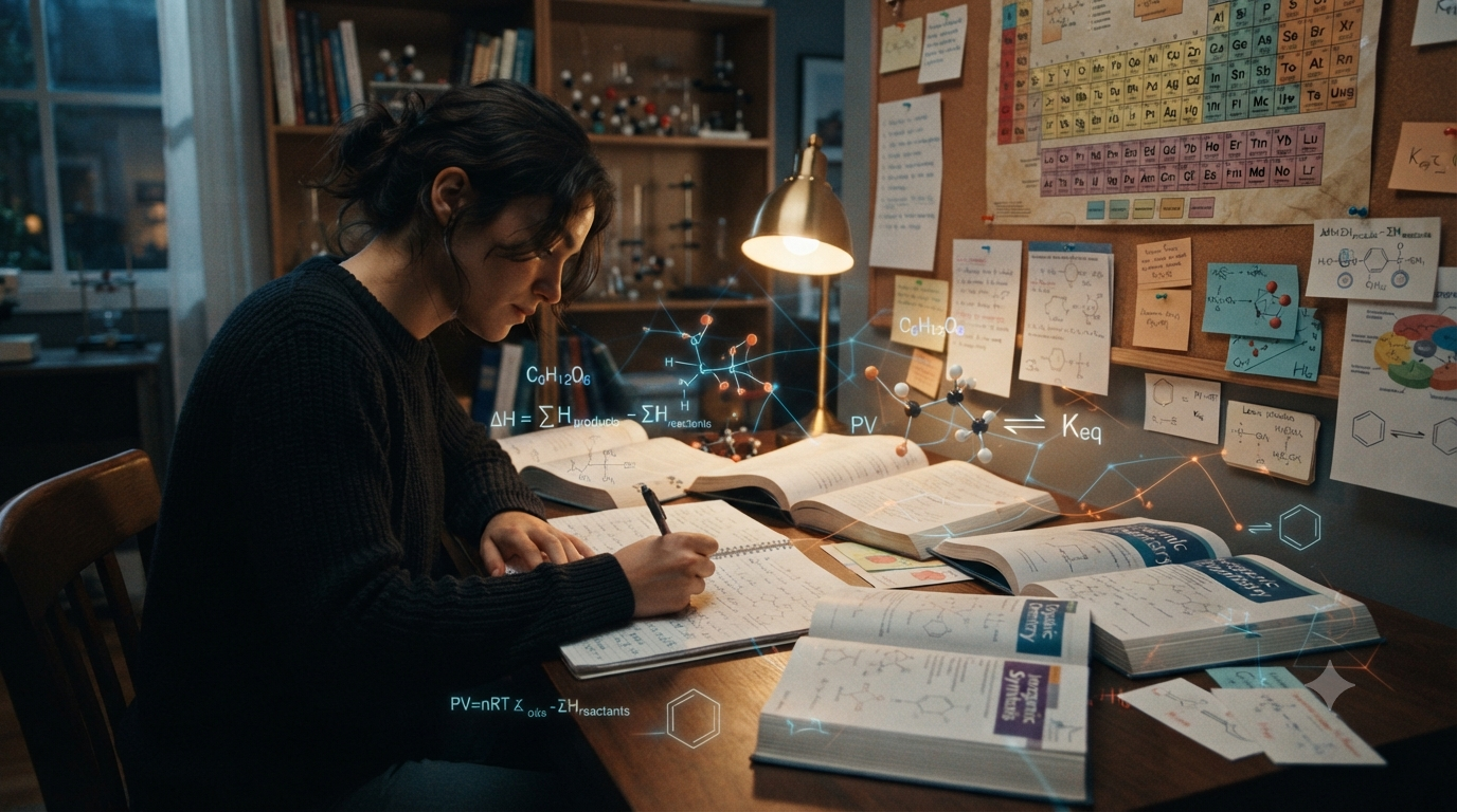 Learner studying important chemistry formulas with textbooks, flashcards, chemical equations, molecular structures, and chemistry notes.