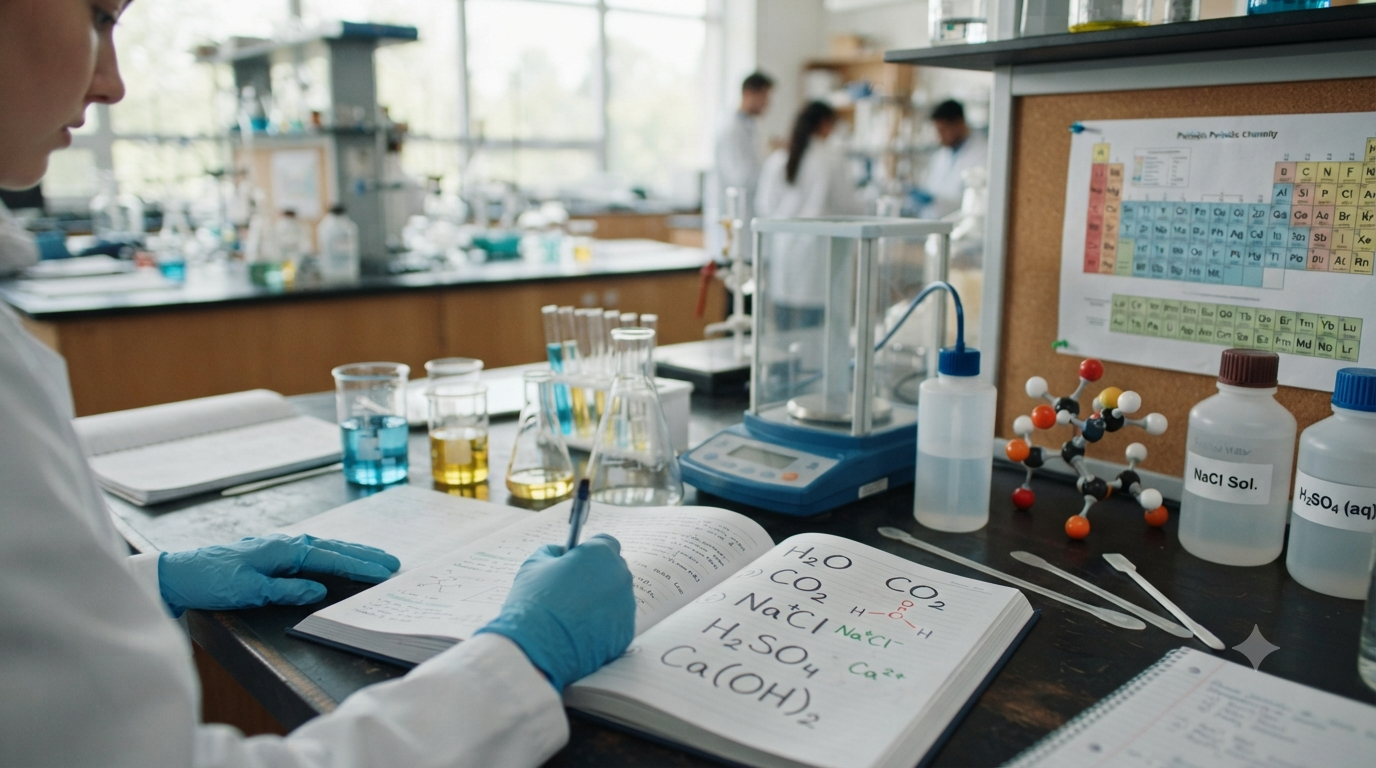 Laboratory chemistry setup with chemical formulas H₂O, CO₂, NaCl, and H₂SO₄ showing element symbols and subscripts.