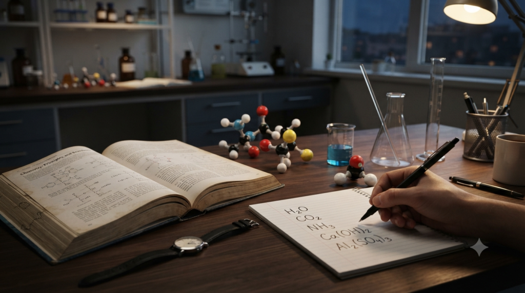 Chemistry study scene showing chemical formulas with subscripts such as H₂O, CO₂, NH₃, and Ca(OH)₂